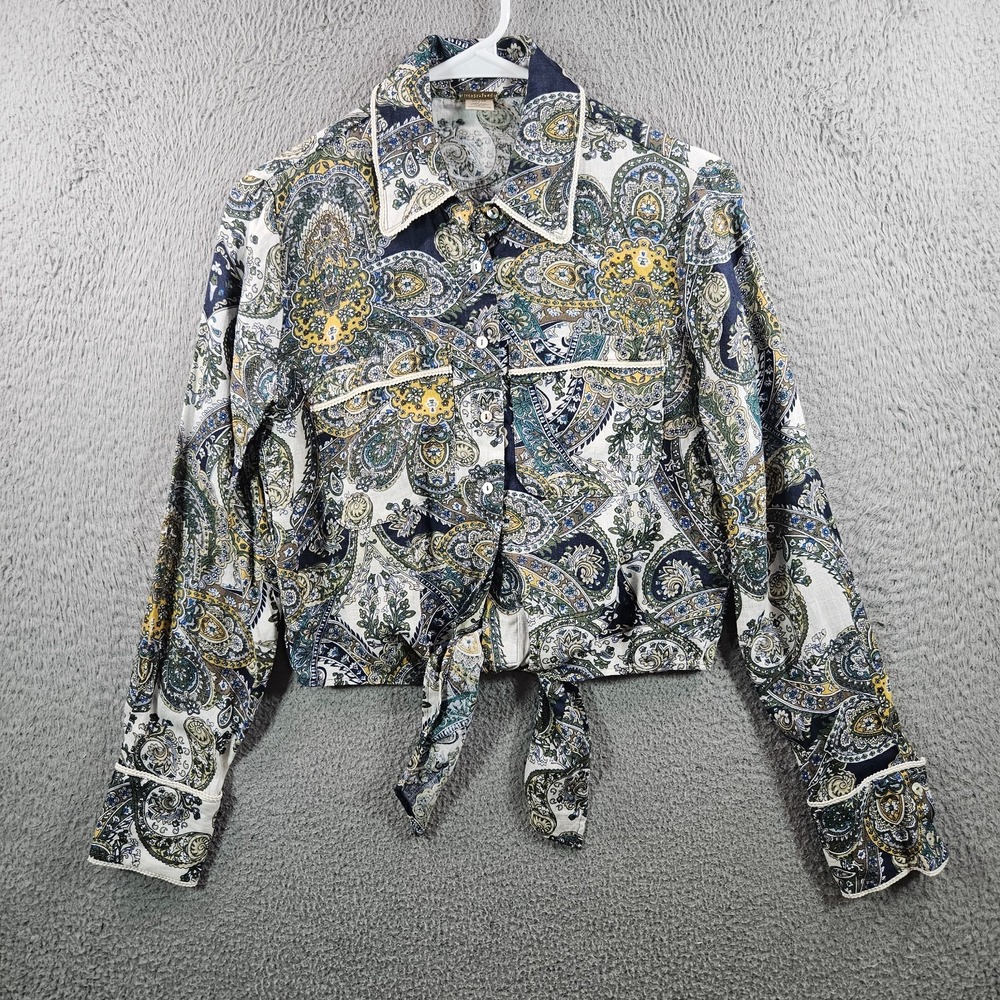 Magaschoni Linen Shirt‎ Women XS Button Up Paisley Tie waist Green Blue White